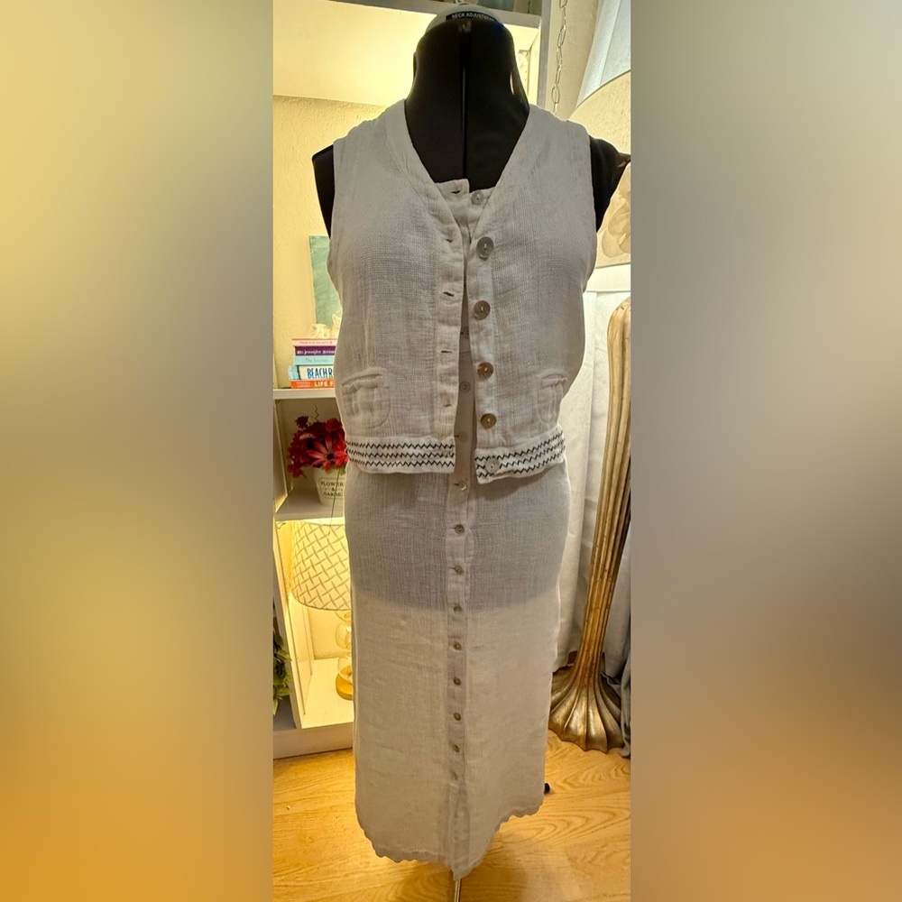 Vintage Johnny Was Collection 2-Piece 100% Linen Button Front Maxi Dress & Vest
